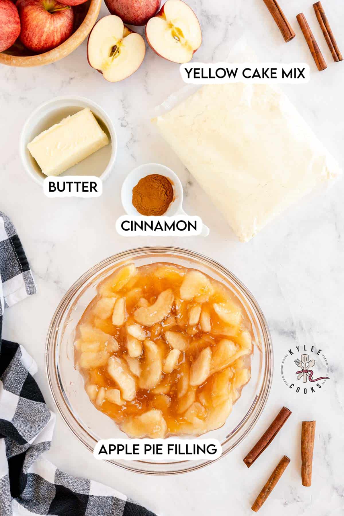 Ingredients need to make apple dump cake laid out and labeled.