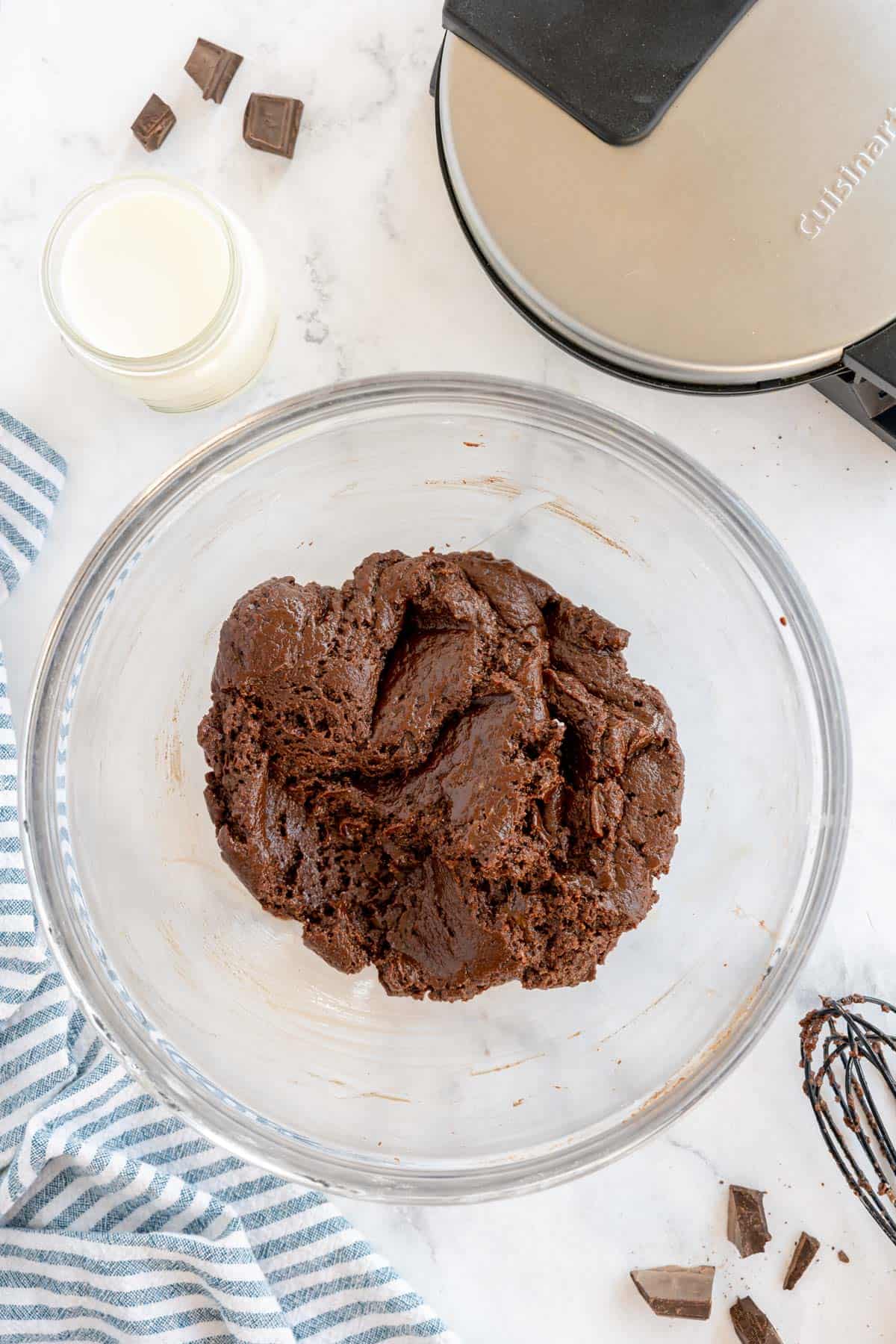 glass bowl with brownie batter.