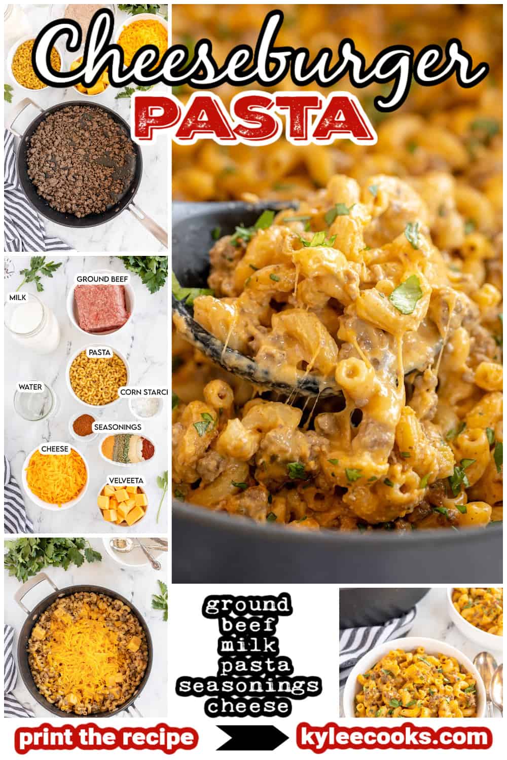 cheeseburger pasta with recipe name overlaid in text.