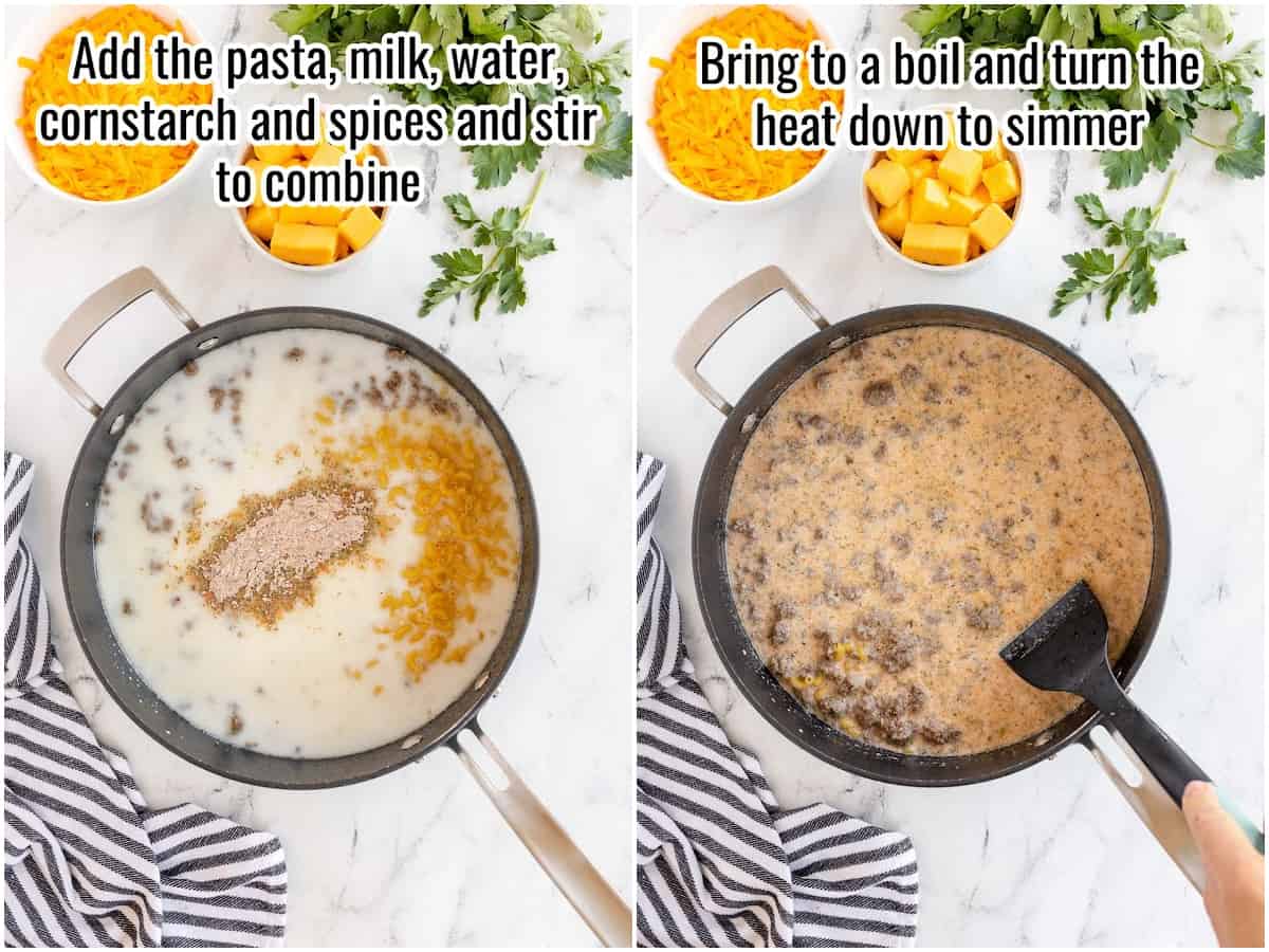 Collage of process images showing making cheeseburger macaroni.