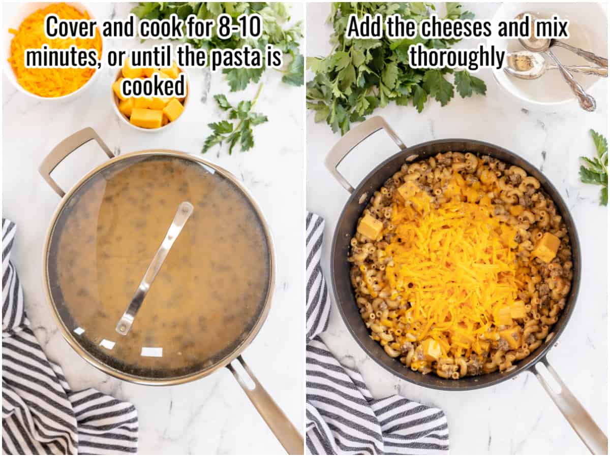 Collage of process images showing making cheeseburger pasta..