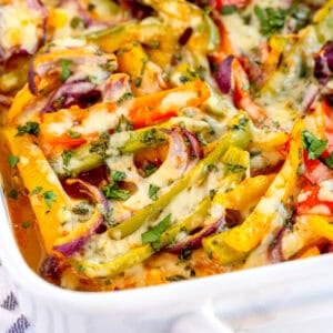 Chicken Fajita Casserole in a white baking dish