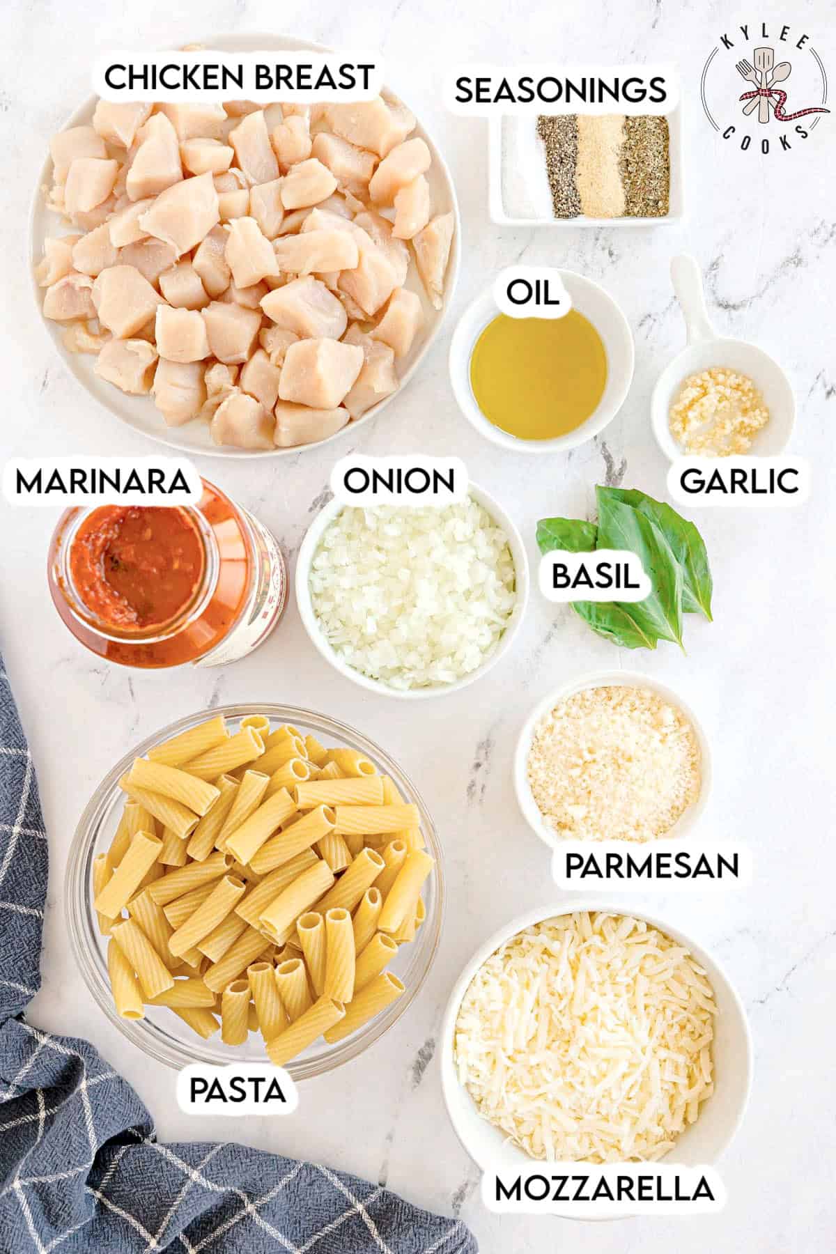 Bowls of raw chicken breast, seasonings, oil, garlic, onion, basil, Parmesan cheese, mozzarella cheese, marinara sauce, and uncooked rigatoni pasta labeled with text.