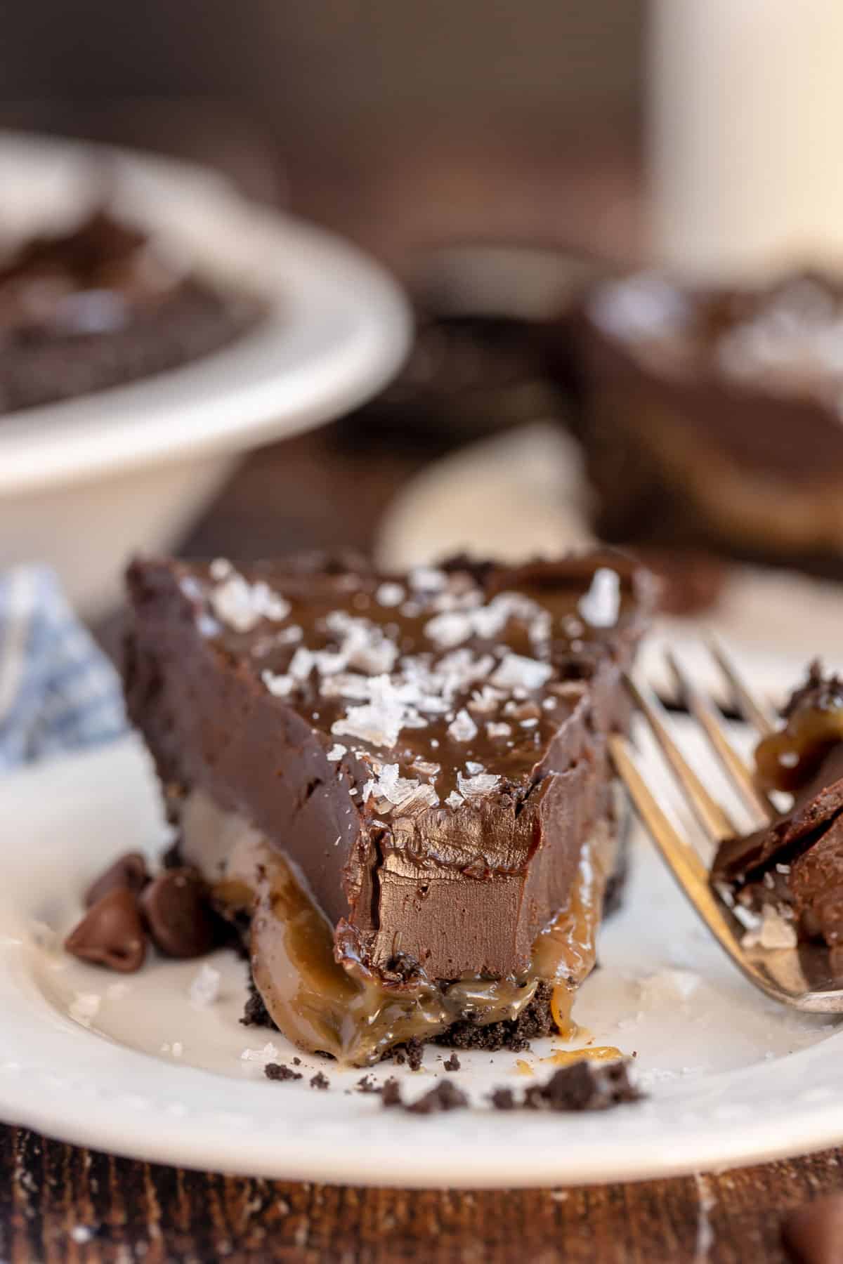 slice of chocolate tart with a bite taken out.