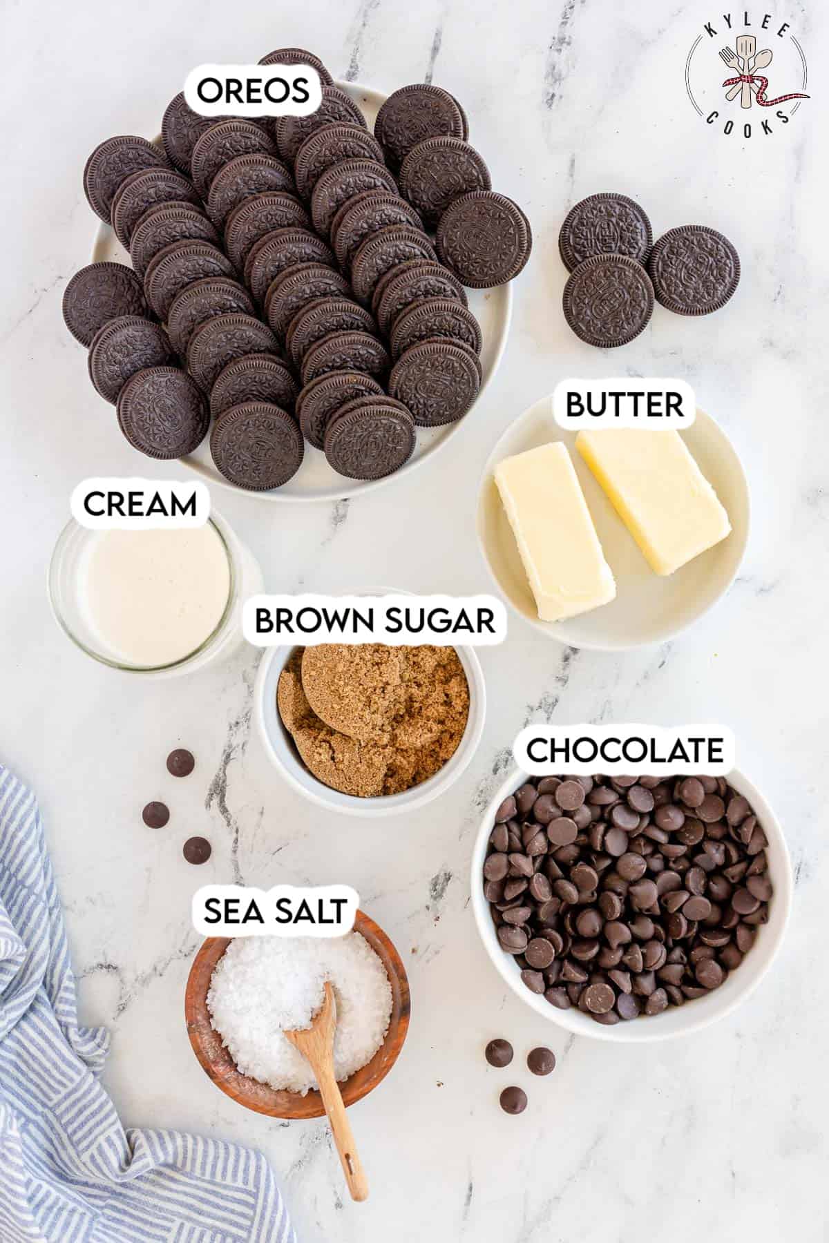 ingredients to make chocolate tart laid out and labeled.