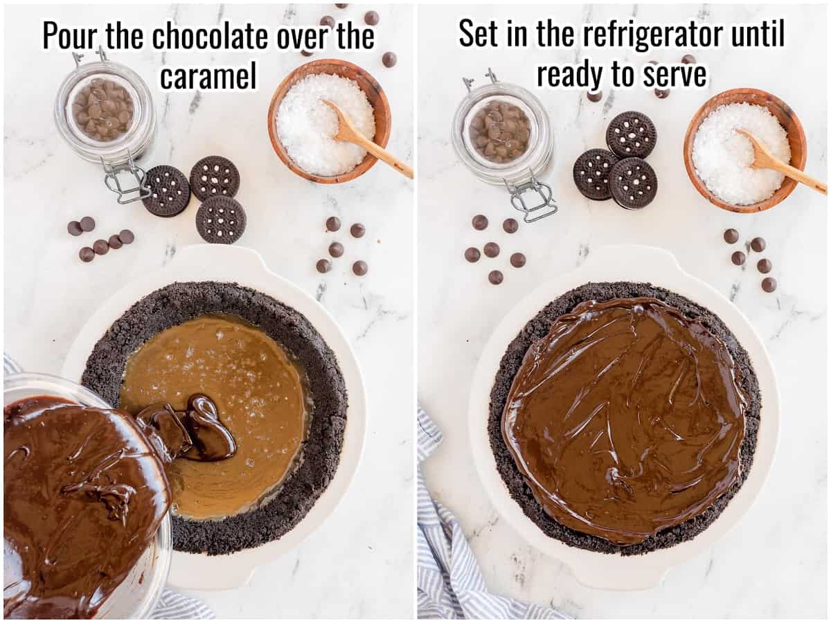 collage of process for making ganache for chocolate caramel pie.
