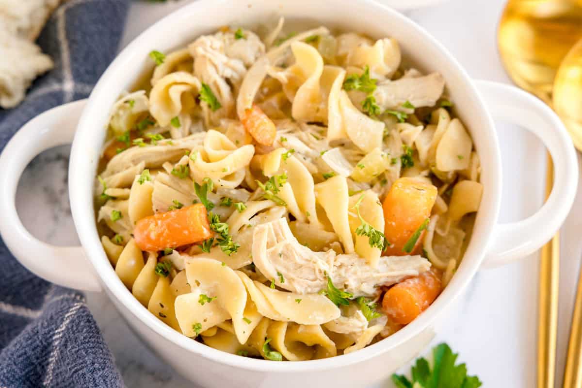 A white bowl with handles filled with chicken, noodles, carrots, and parsley.