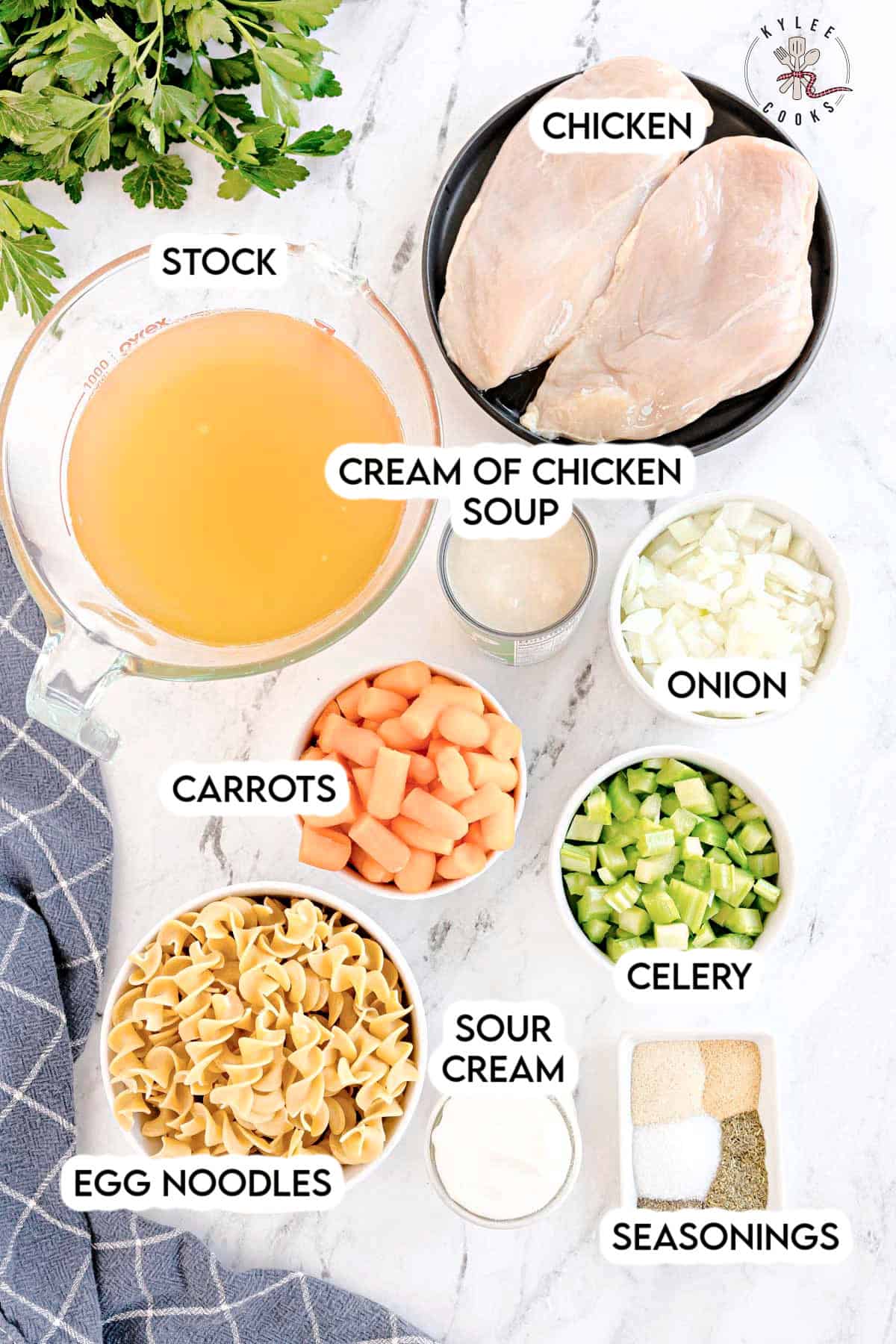 Bowls with chicken, stock, cream of chicken soup, carrots, celery, onion, sour cream, egg noodles, and seasonings. Text on the image says 'CHICKEN', 'STOCK', 'CREAM OF CHICKEN SOUP', 'CARROTS', 'CELERY', 'ONION', 'SOUR CREAM', 'EGG NOODLES', 'SEASONINGS'.