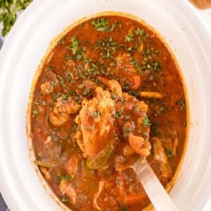 A crockpot filled with chicken cacciatore, showing chunks of chicken, bell peppers, mushrooms, and capers in a thick tomato sauce, garnished with fresh parsley.