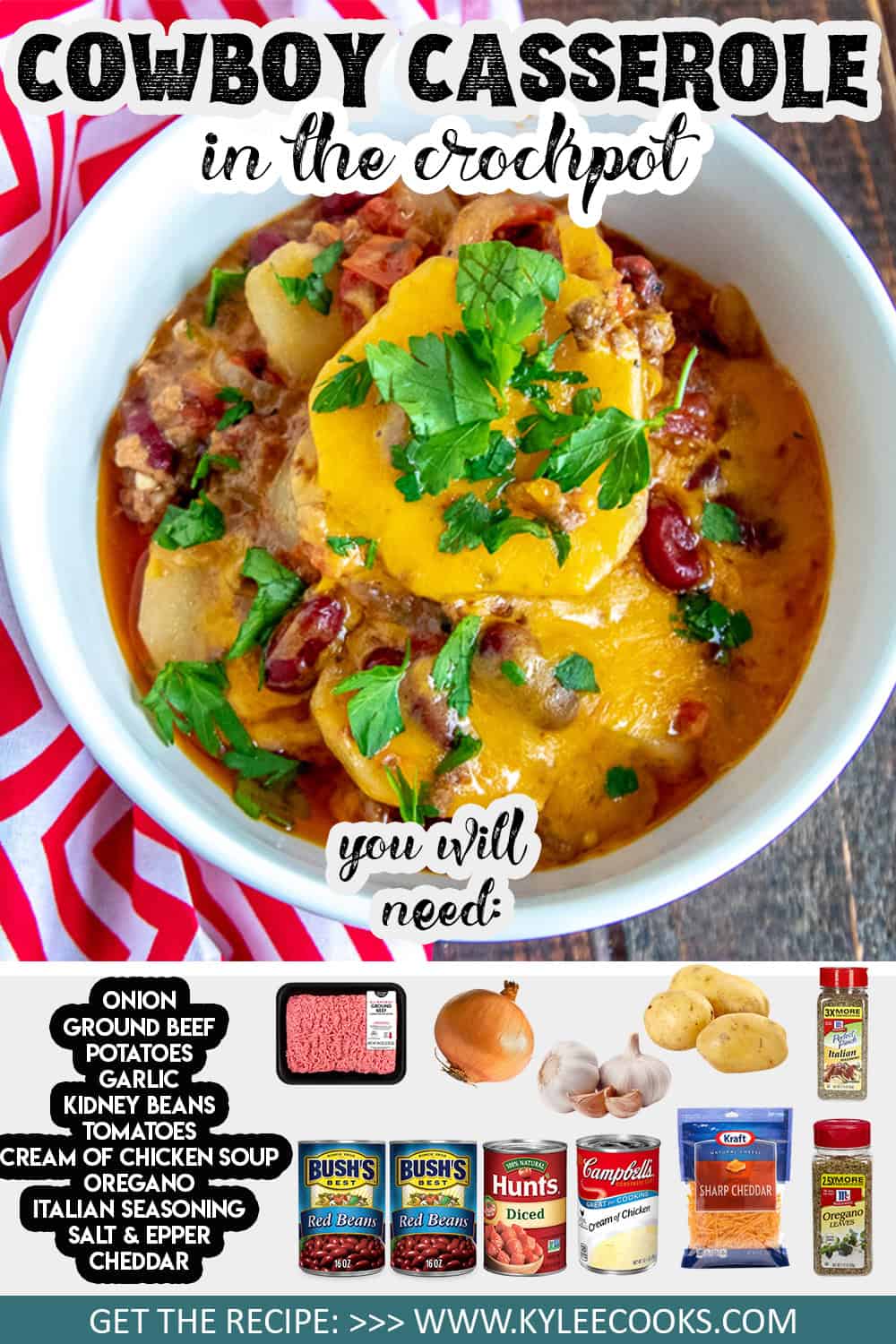 A bowl of cowboy casserole with cheese and herbs on top. Ingredients include onions, ground beef, potatoes, garlic, kidney beans, tomatoes, cream of chicken soup, oregano, Italian seasoning, salt, and pepper.