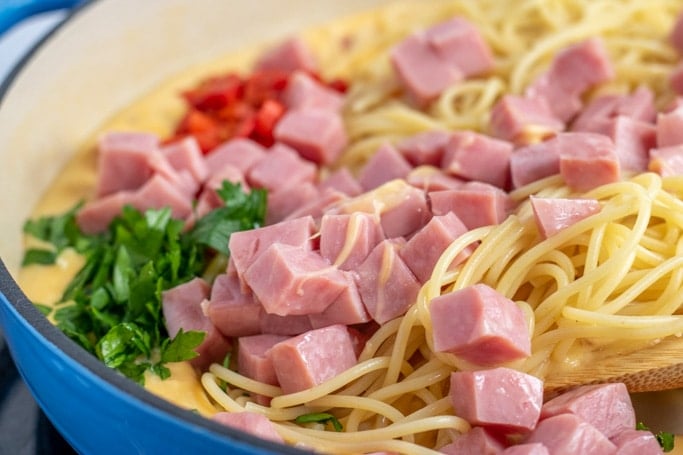 ham tetrazzini in a blue dutch oven