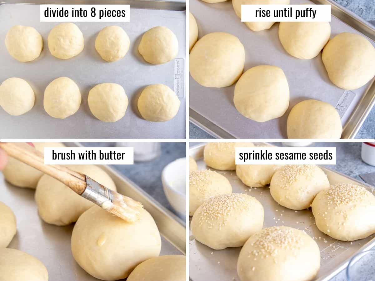 collage showing rising and finishing homemade burger buns