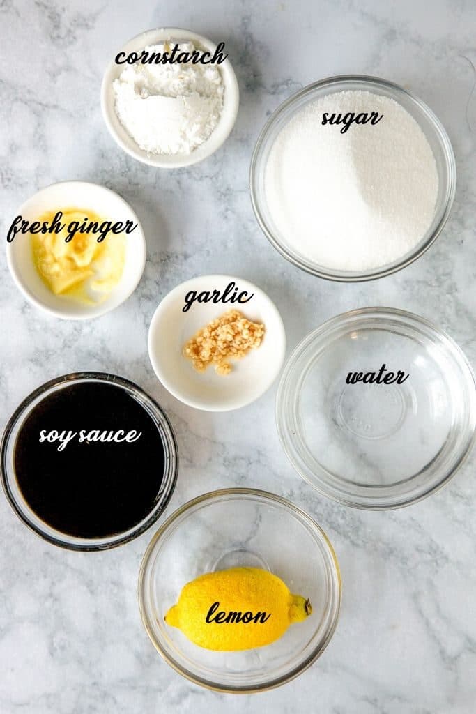 Homemade Teriyaki Sauce Ingredients laid out and labeled