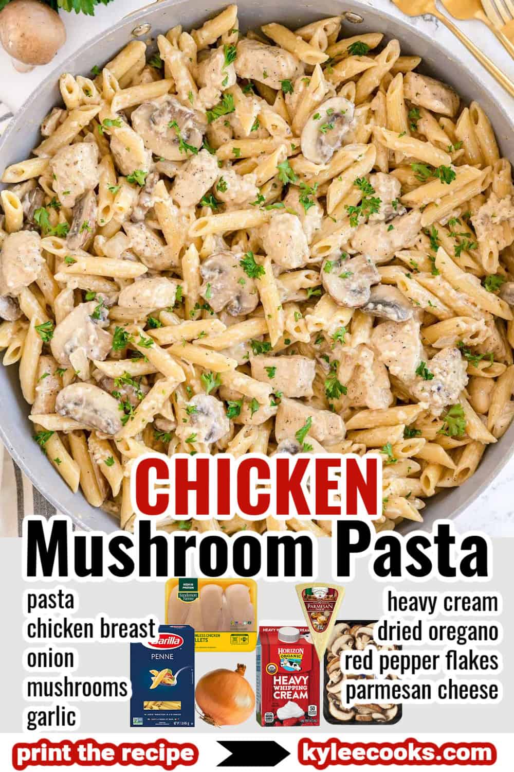 Skillet of chicken mushroom pasta with ingredient images and labels. Text on the image says 'CHICKEN Mushroom Pasta' and lists ingredients.