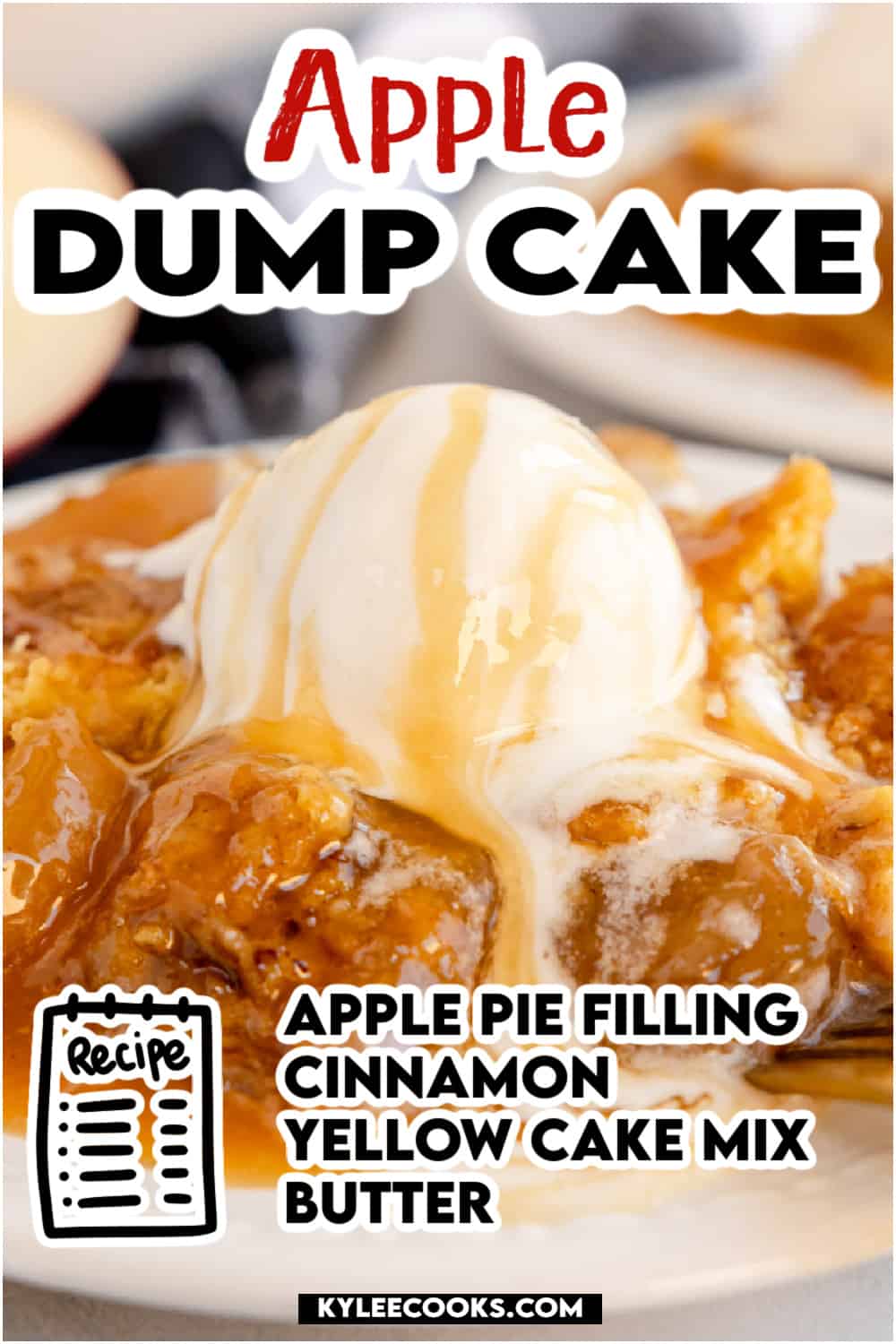 Apple dump cake with icecream on a plate with recipe name overlaid in text.