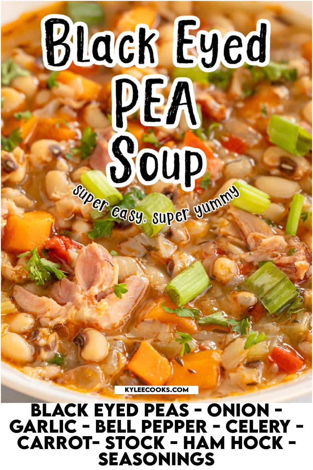 Close-up of black-eyed pea soup with veggies and herbs. Recipe ingredients listed below.