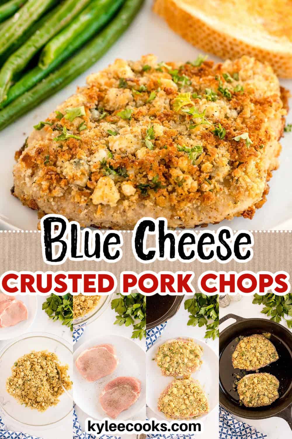 A crusted pork chop on a plate, with six small prep and cooking step images below. Text on the image says 'Blue Cheese Crusted Pork Chops' and includes the website name.