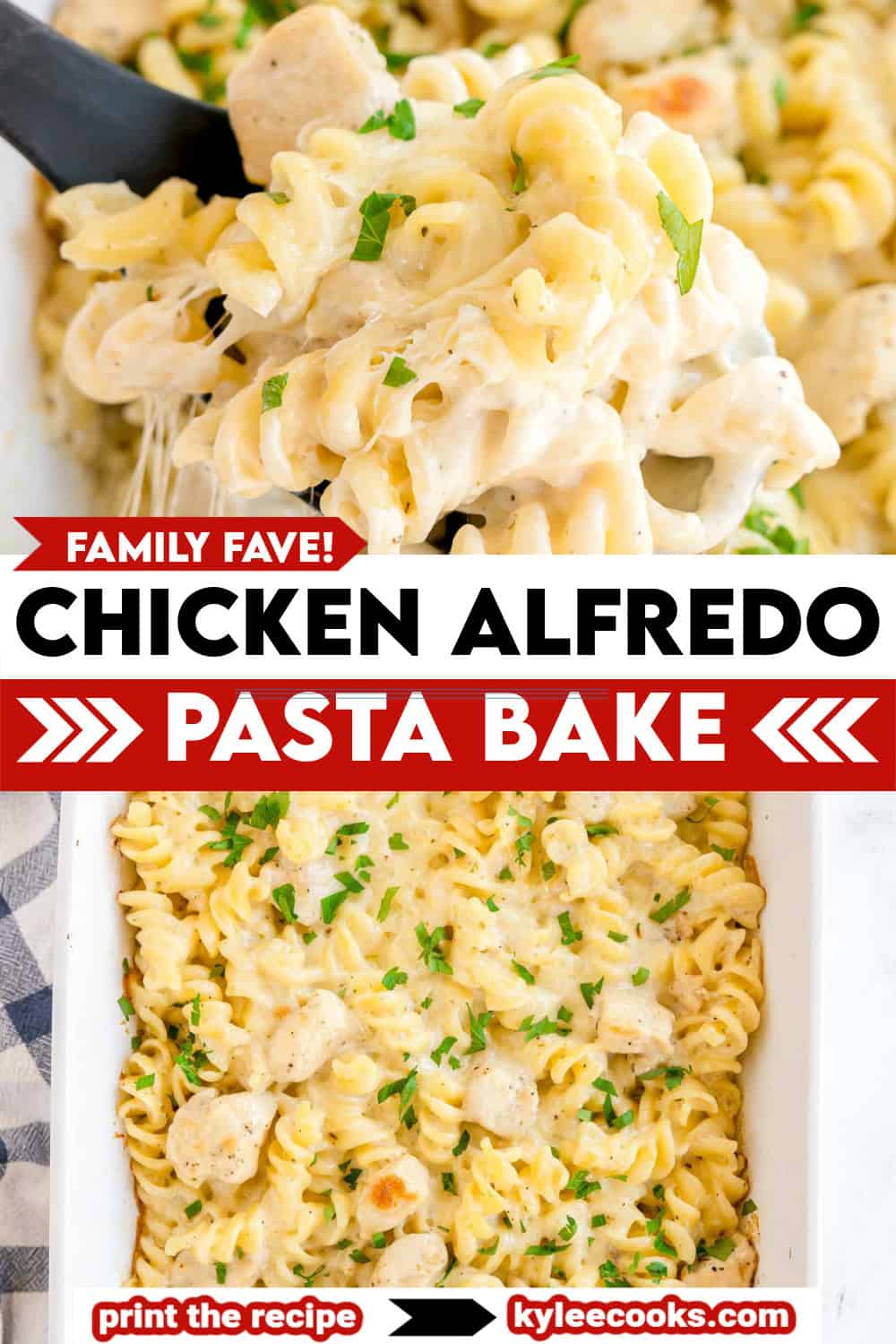 A spoonful of cheesy rotini pasta and chicken being lifted from a dish. Text on the image says 'Family Fave! Chicken Alfredo Pasta Bake'.