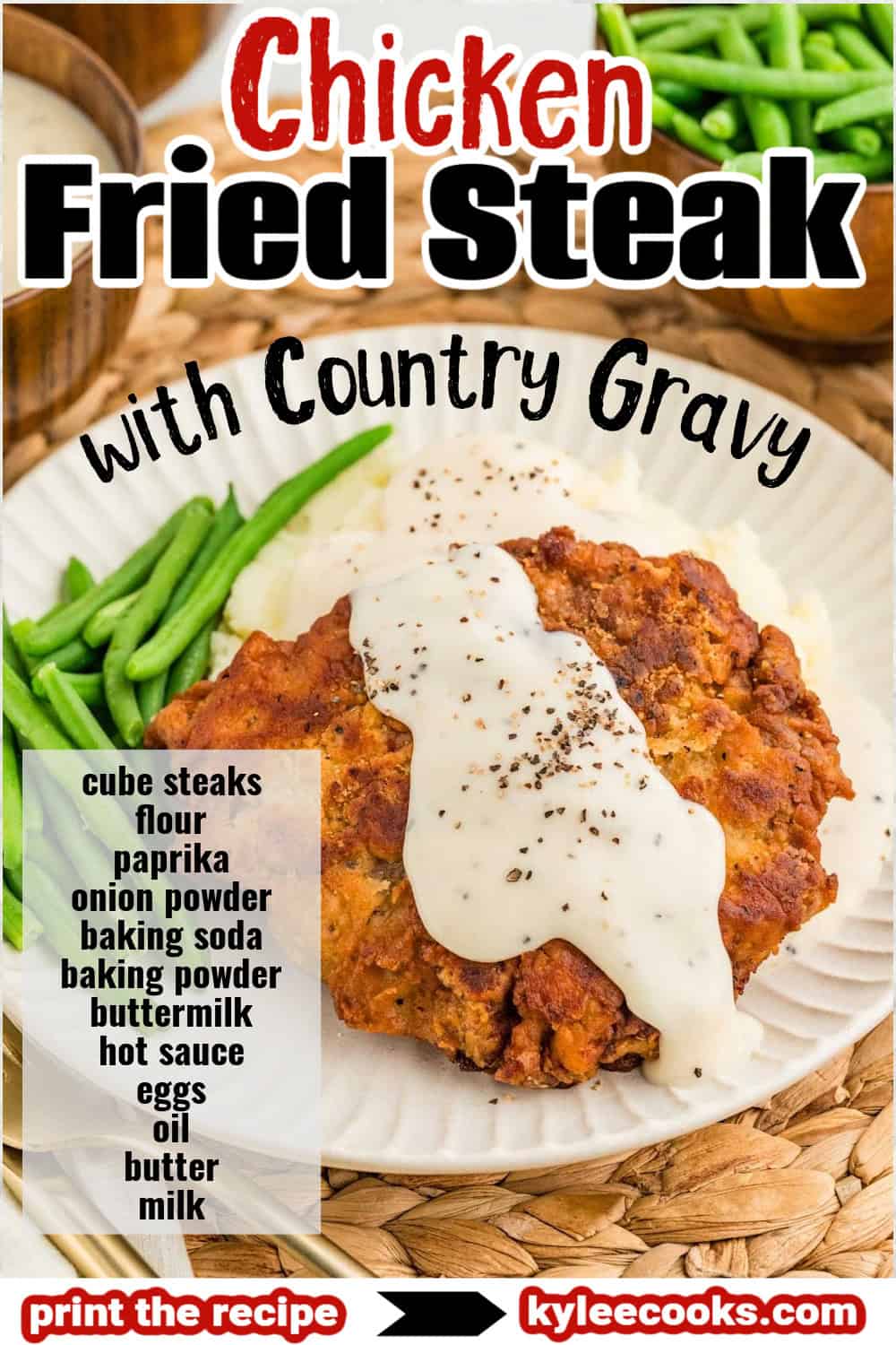 Chicken fried steak with gravy, mashed potatoes, and green beans on a plate. Text on the image lists ingredients and says 'Chicken Fried Steak with Country Gravy'.