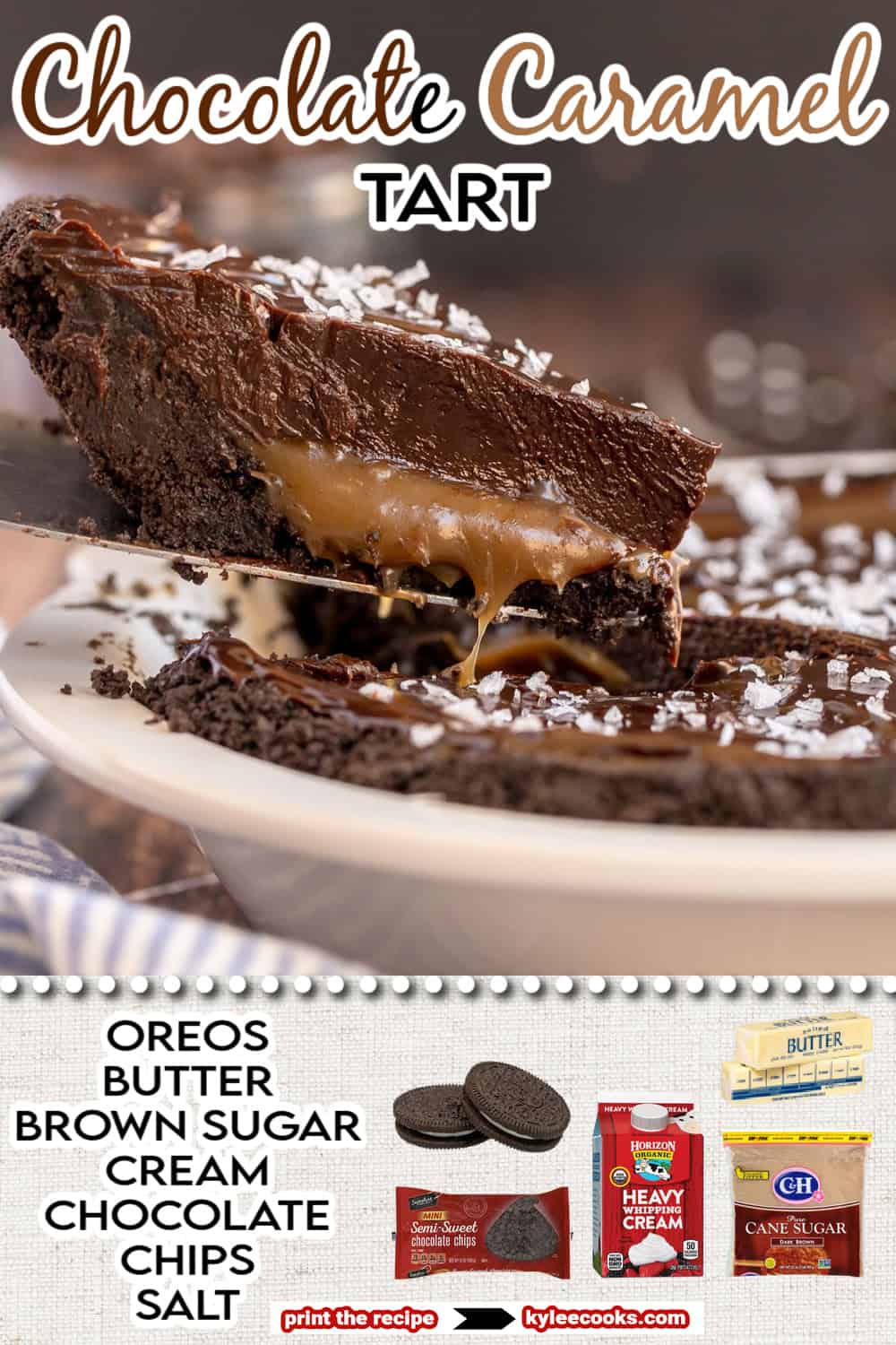 Chocolate Caramel tart in a pie plate with a slice being removed.