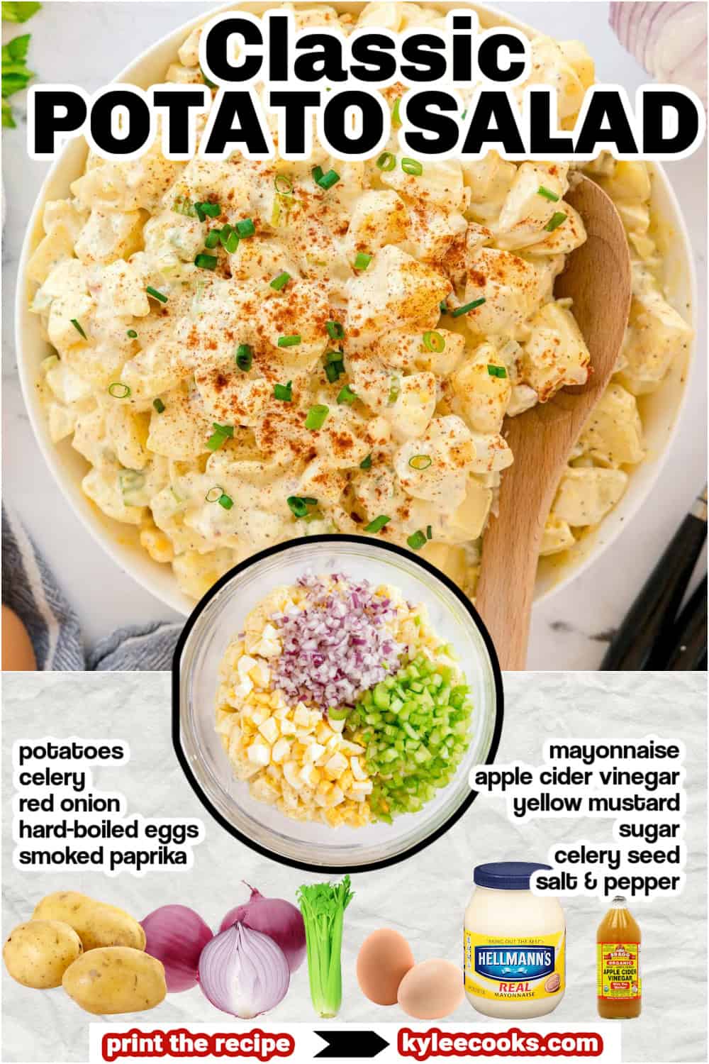 Bowl of potato salad shown with chopped celery, eggs, and red onion in a clear bowl. Text on the image says 'Classic POTATO SALAD'. Ingredients listed on the image include potatoes, celery, red onion, hard-boiled eggs, smoked paprika, mayonnaise, apple cider vinegar, yellow mustard, sugar, celery seed, salt & pepper.