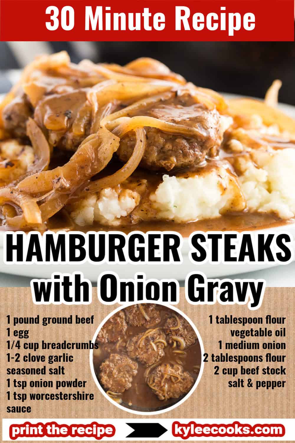 A plate of mashed potatoes topped with a hamburger steak and brown onion gravy, garnished with caramelized onions. A close-up of the dish highlights the rich, glossy gravy. Bold text at the top reads "30 Minute Recipe," and the recipe title is prominently displayed.
