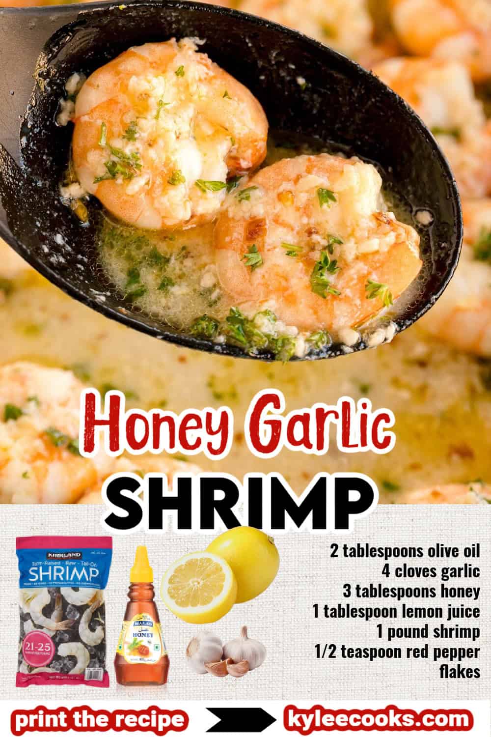 A spoonful of shrimp in garlic butter sauce. Ingredient list and product images appear below. Text on the image says 'Honey Garlic SHRIMP'.