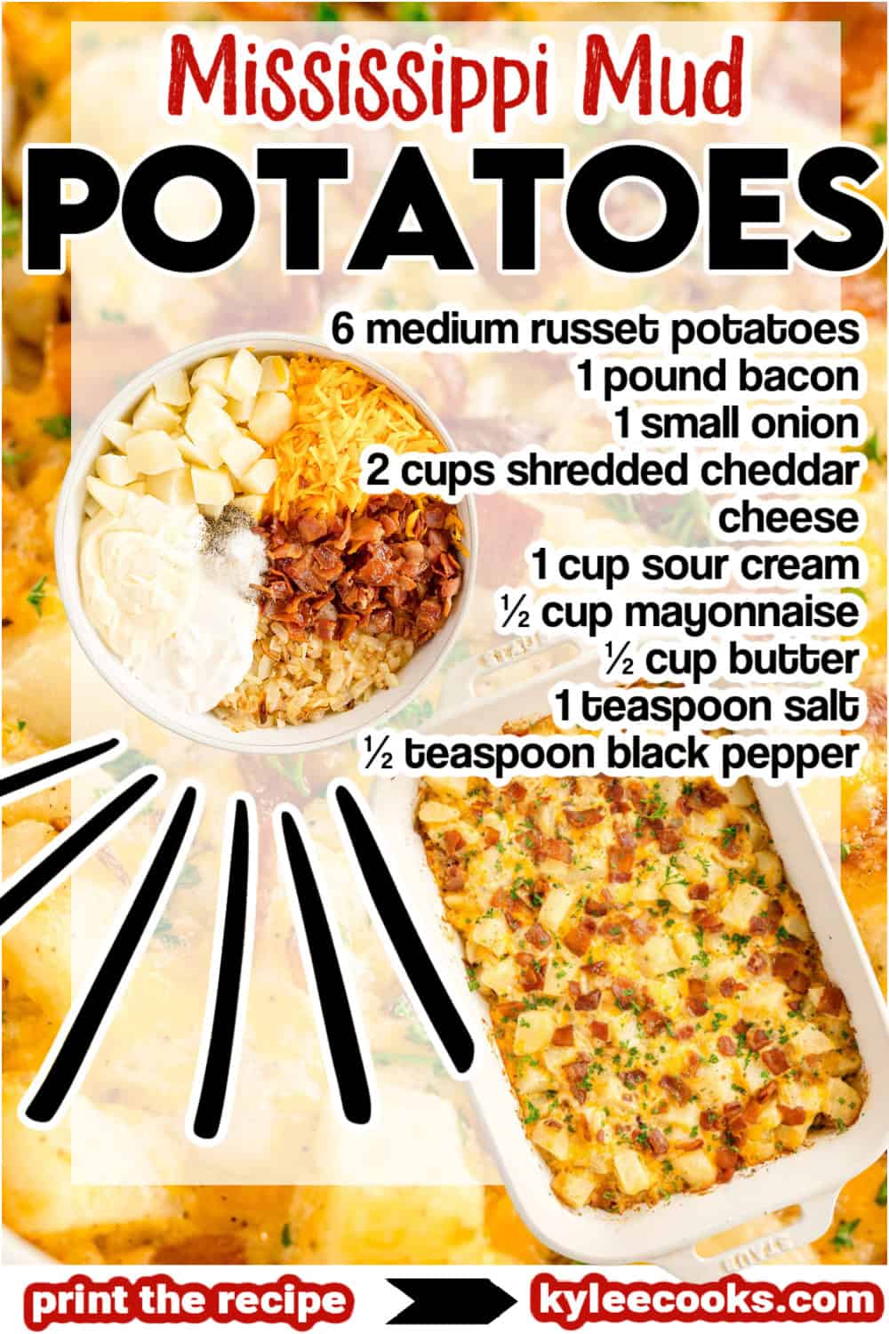Mississippi Mud Potatoes with a bowl of ingredients and baked casserole. Text on the image lists full ingredient amounts.