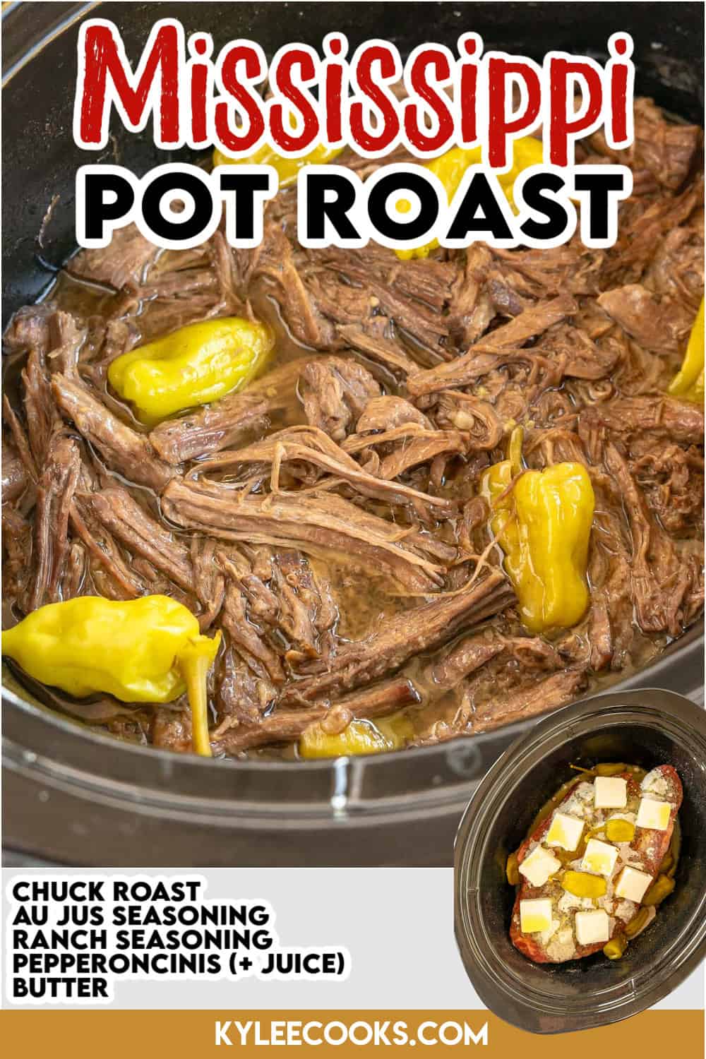 Shredded Mississippi pot roast with pepperoncini and seasonings in a slow cooker.