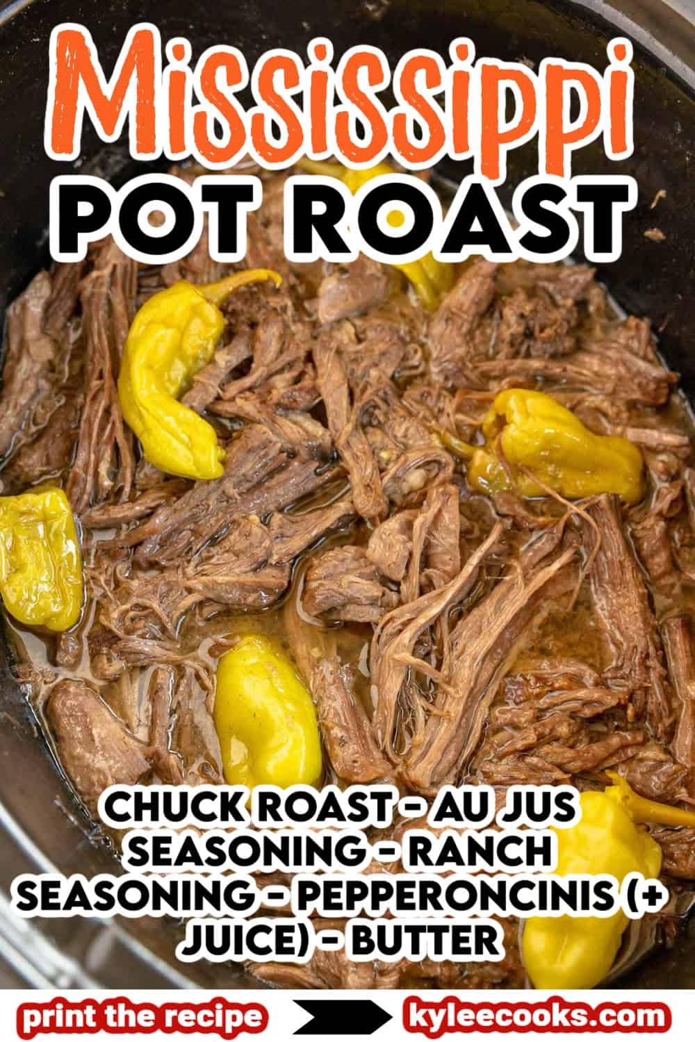 Close-up of Mississippi pot roast with pepperoncinis and text detailing ingredients.