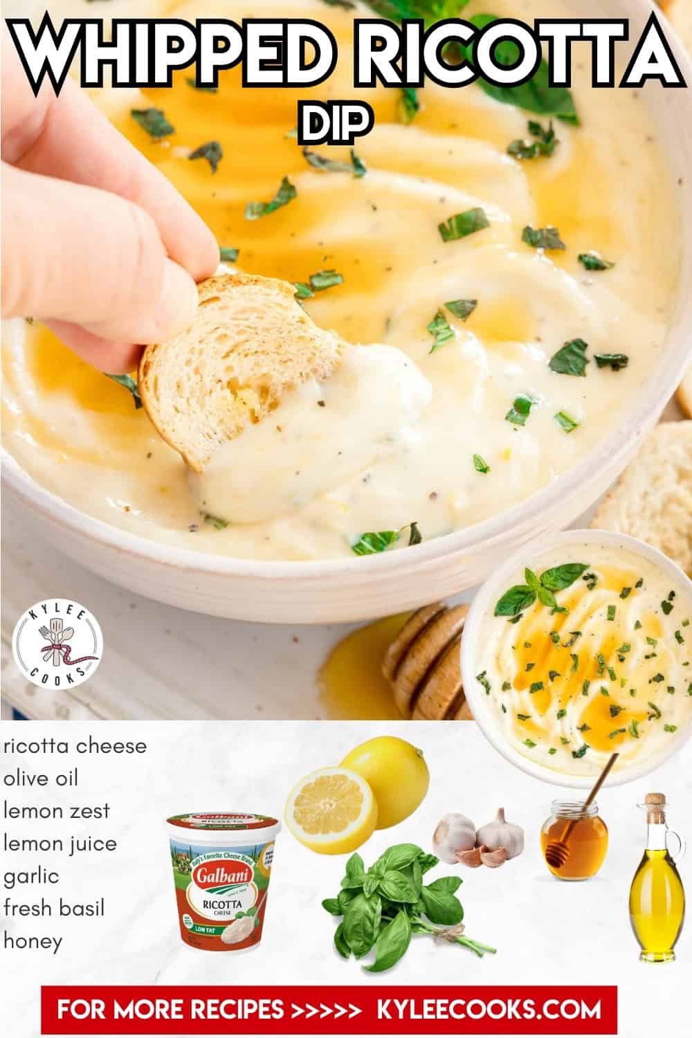 A bowl of whipped ricotta dip garnished with herbs and olive oil, with a hand dipping bread; ingredient images and list shown at the bottom.