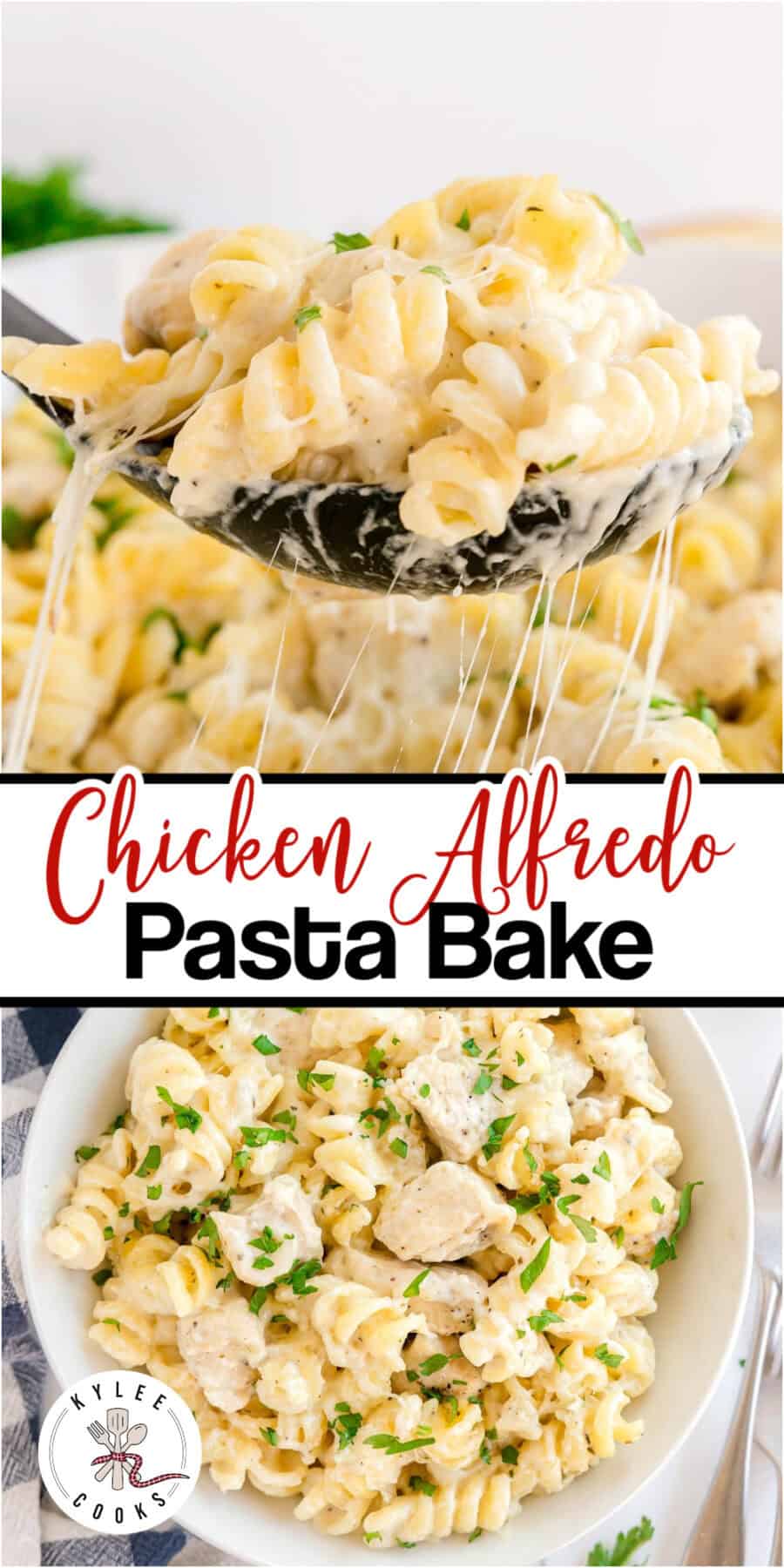 A spoonful of cheesy rotini pasta with chicken held above a full bowl. Text on the image says 'Chicken Alfredo Pasta Bake'.