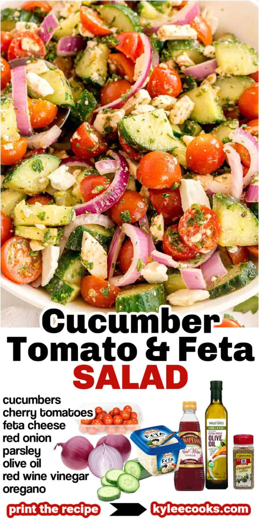 Cucumber salad with tomatoes, red onion, and feta. Text on the image says 'Cucumber Tomato & Feta SALAD' with images and a list of ingredients.