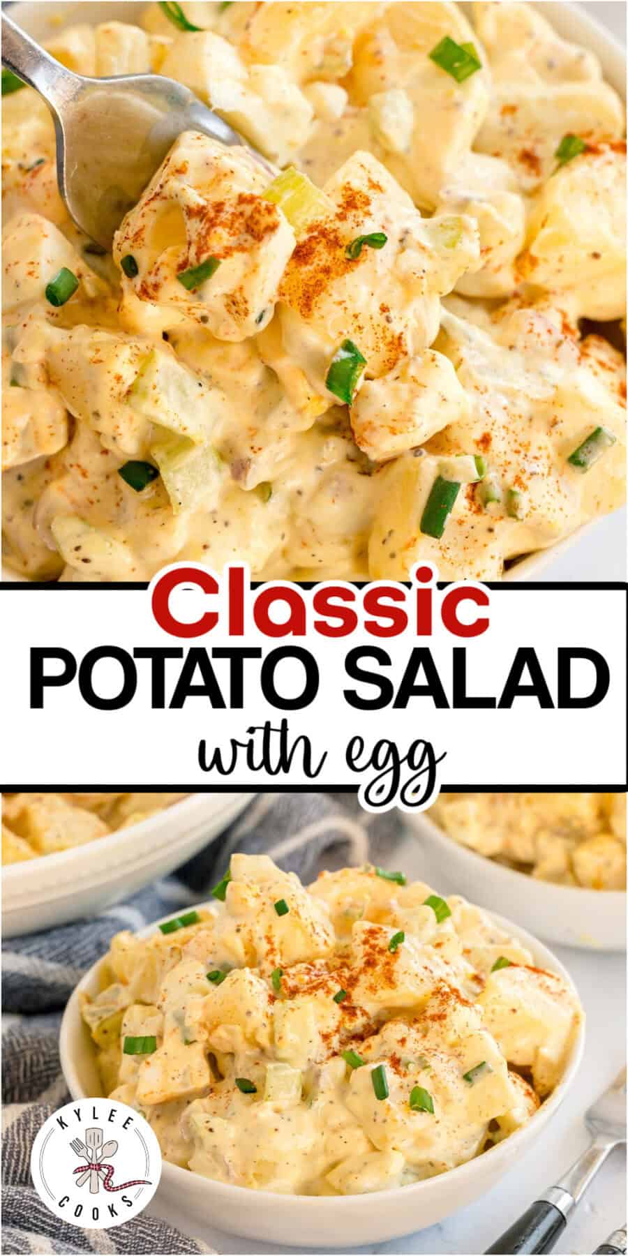 Spoonful of potato salad above a bowl with chives and paprika on top. Text on the image says 'Classic POTATO SALAD with egg'.