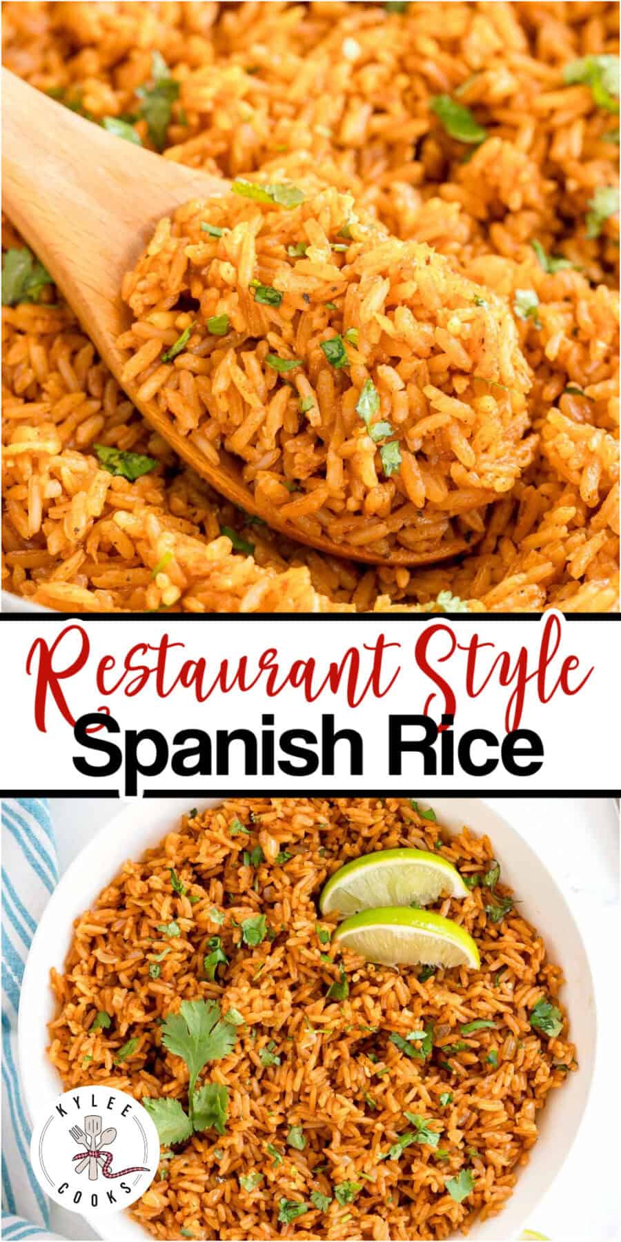 A spoonful of Spanish rice over a close-up of a full bowl. Text on the image says 'Restaurant Style Spanish Rice'.