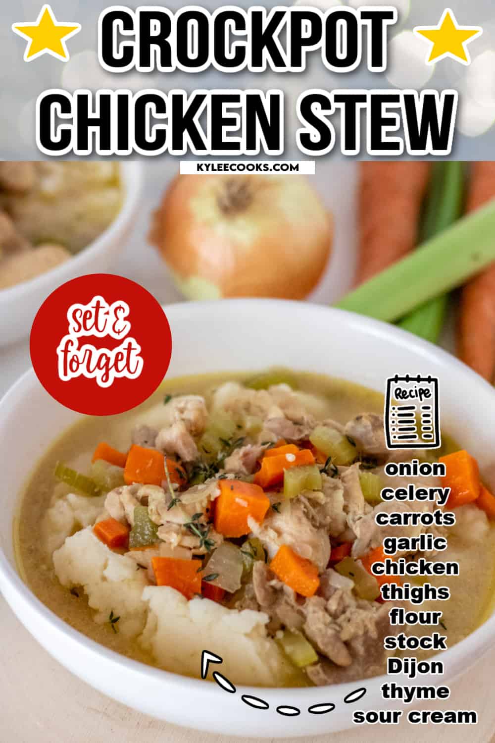 chicken stew in a white bowl with recipe name and ingredients overlaid in text.