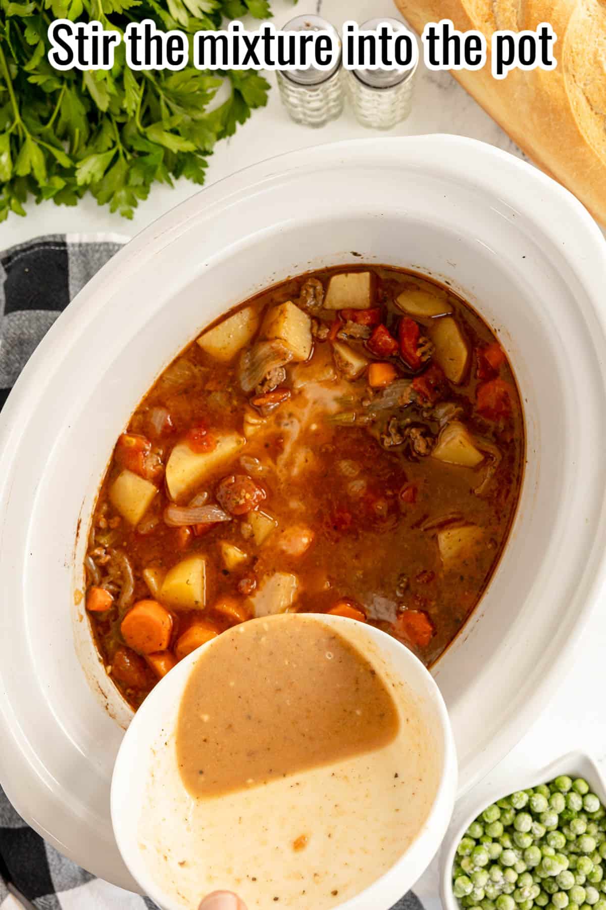 thickening liquid being added to the crockpot.