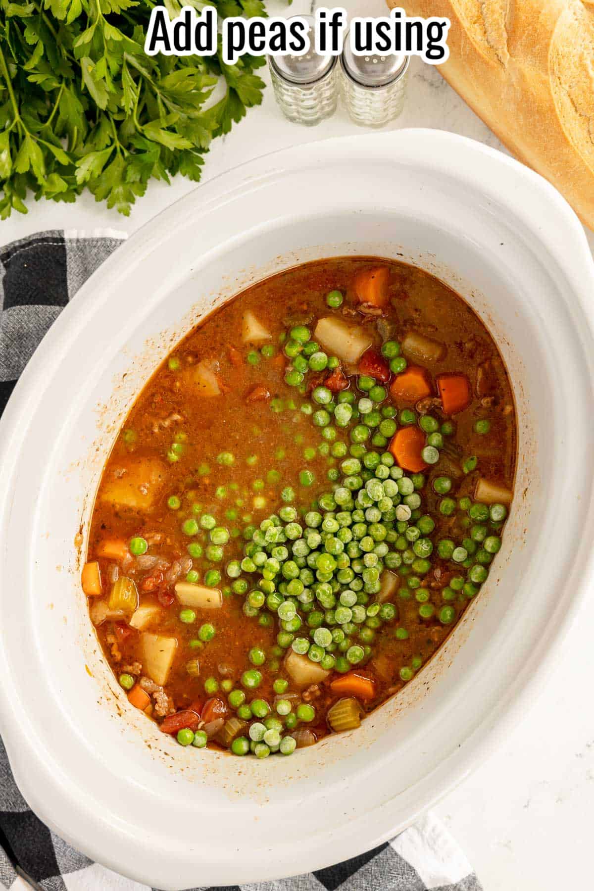 crockpot beef stew with frozen peas added.