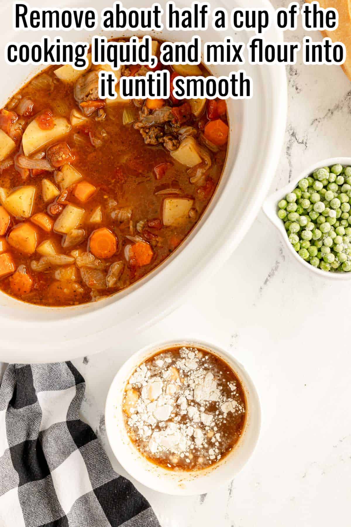 cooking liquid and flour in a cup.