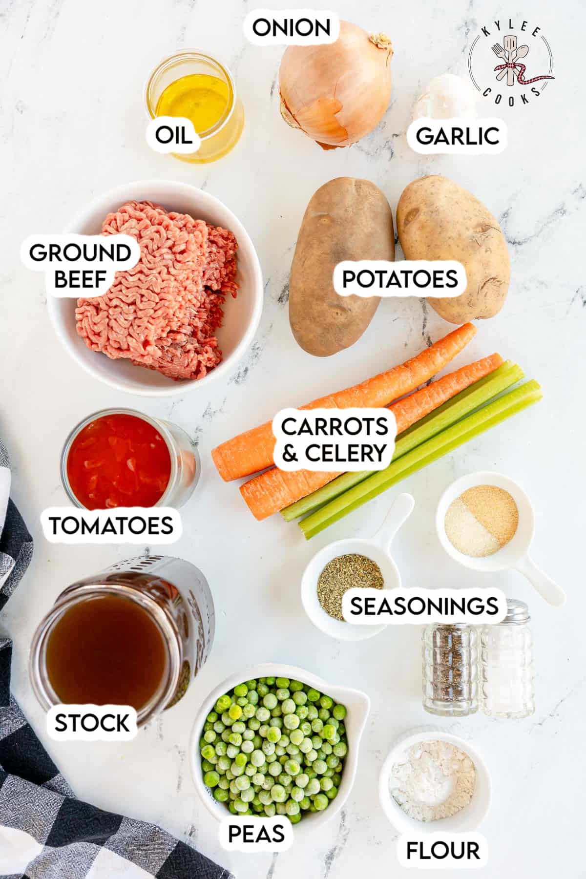 ingredients to make poor man's stew laid out and labeled.