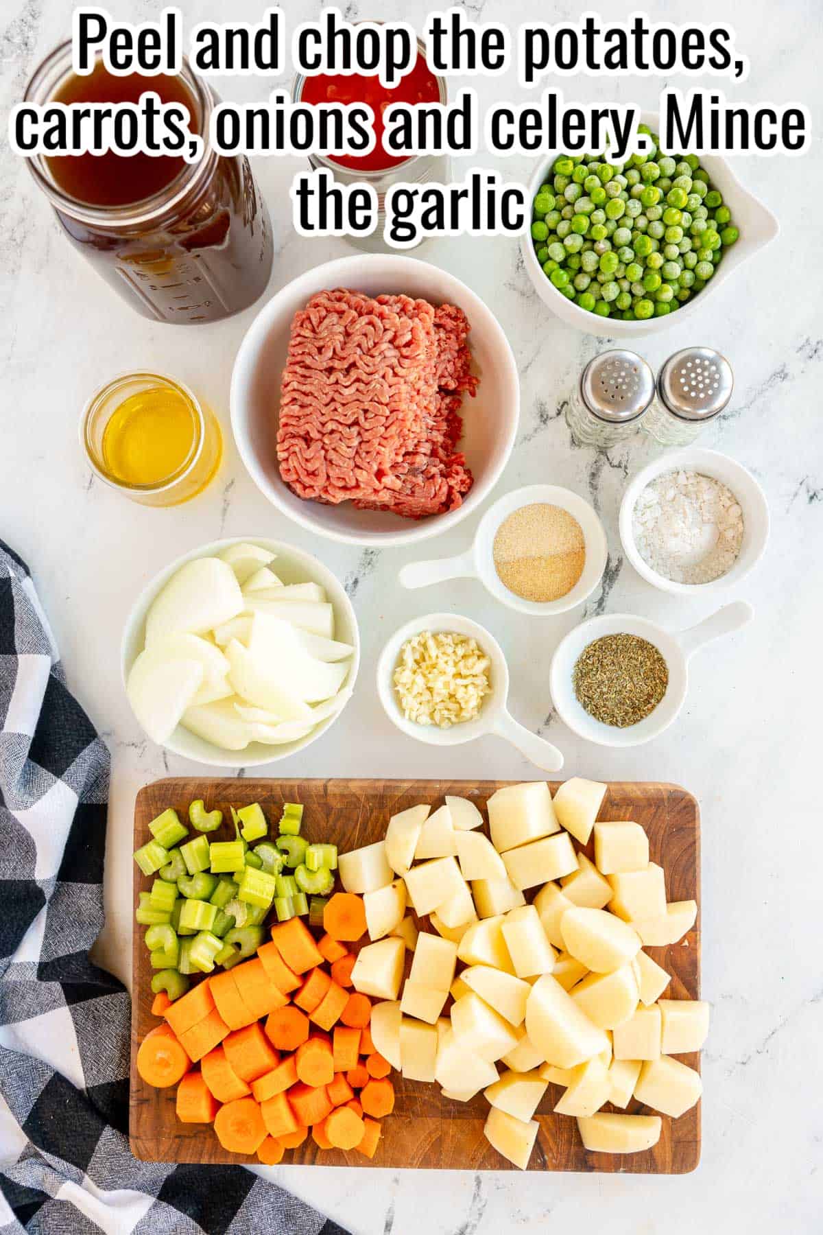 ingredients for beef stew laid out and chopped.