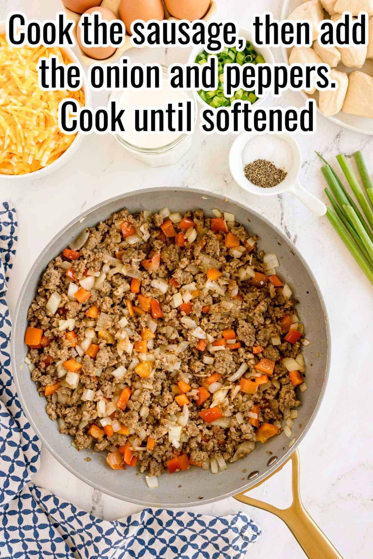 A skillet with cooked sausage, chopped onion, and red bell pepper. Text on the image says 'Cook the sausage, then add the onion and peppers. Cook until softened'.