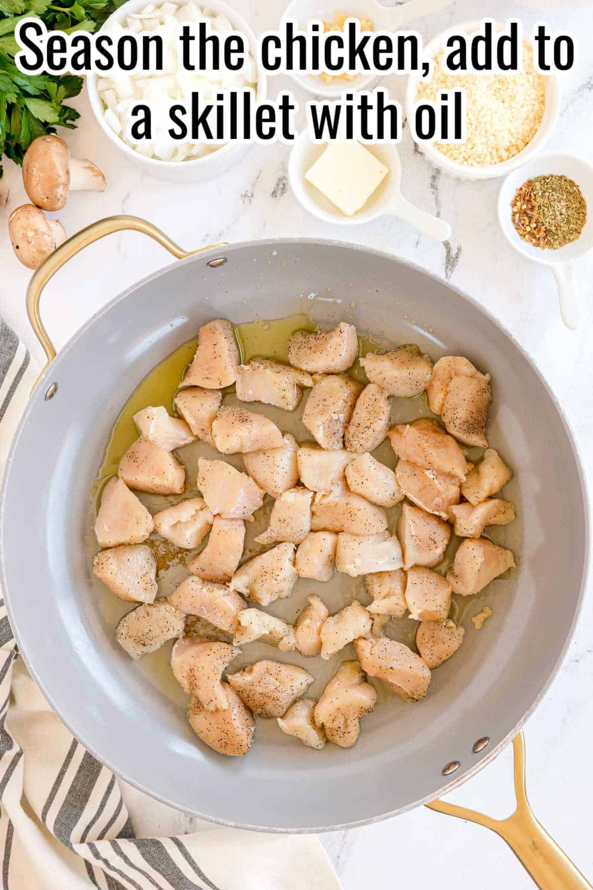 Raw chicken pieces seasoned in a skillet with oil. Text on the image says 'Season the chicken, add to a skillet with oil'.