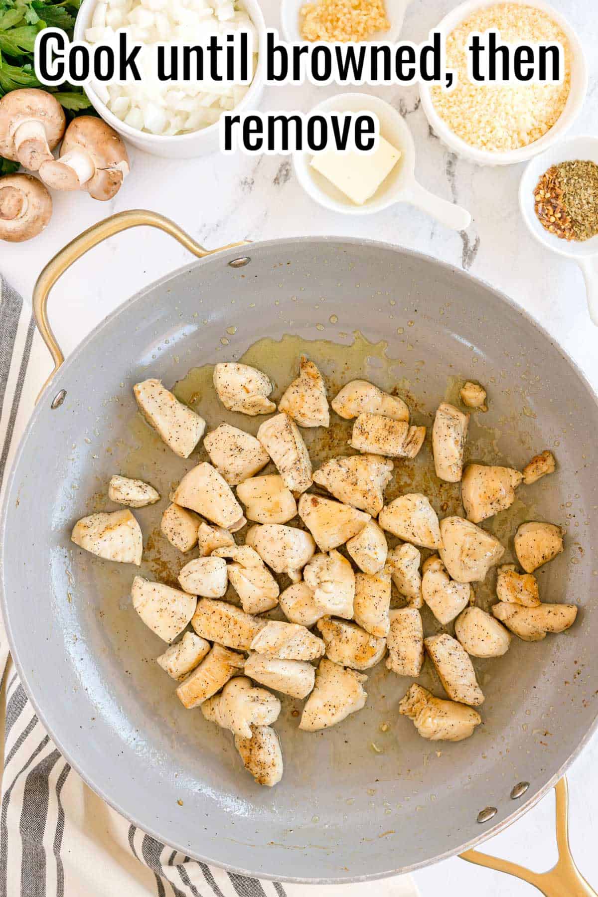 Chicken pieces browned in a skillet. Text on the image says 'Cook until browned, then remove'.