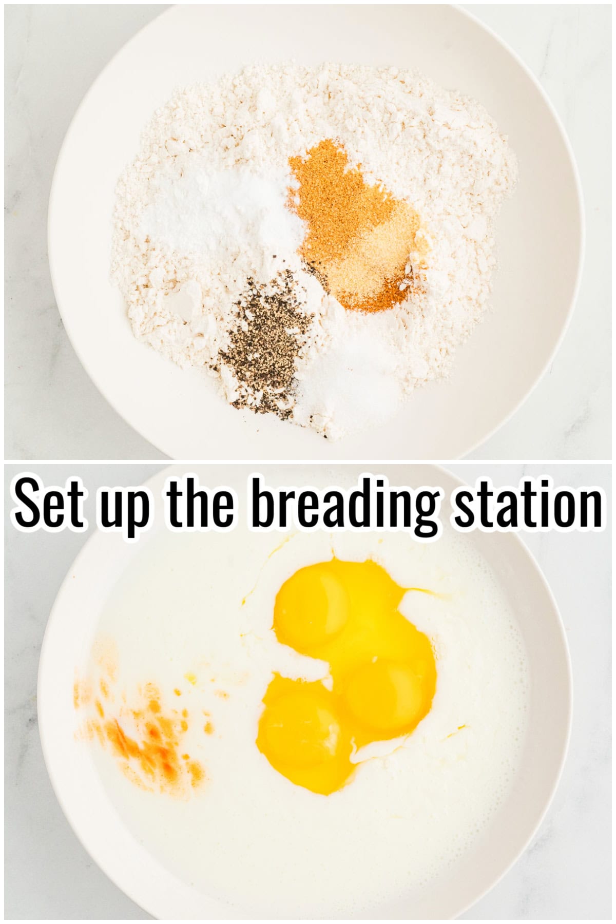 Bowl with flour, baking powder, garlic powder, and pepper, and another bowl with eggs, milk, and seasoning. Text on the image says 'Set up the breading station'.