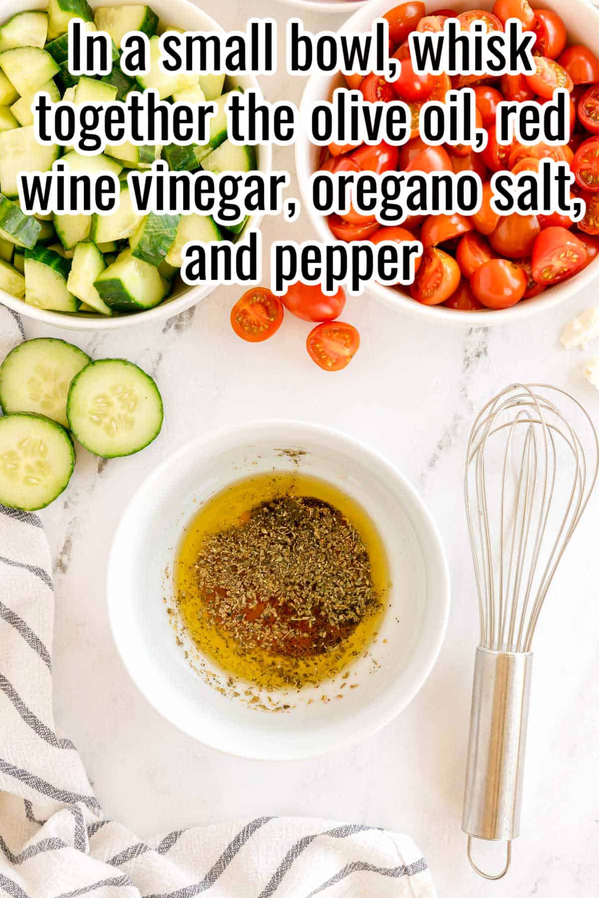 A bowl of dressing with oil, vinegar, oregano, salt, and pepper. Text on the image says 'In a small bowl, whisk together the olive oil, red wine vinegar, oregano salt, and pepper'.