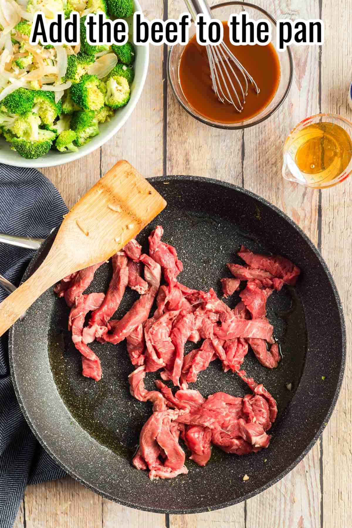 A skillet with raw sliced beef being added, with a wooden spatula resting on the pan. Text on the image says 'Add the beef to the pan'.