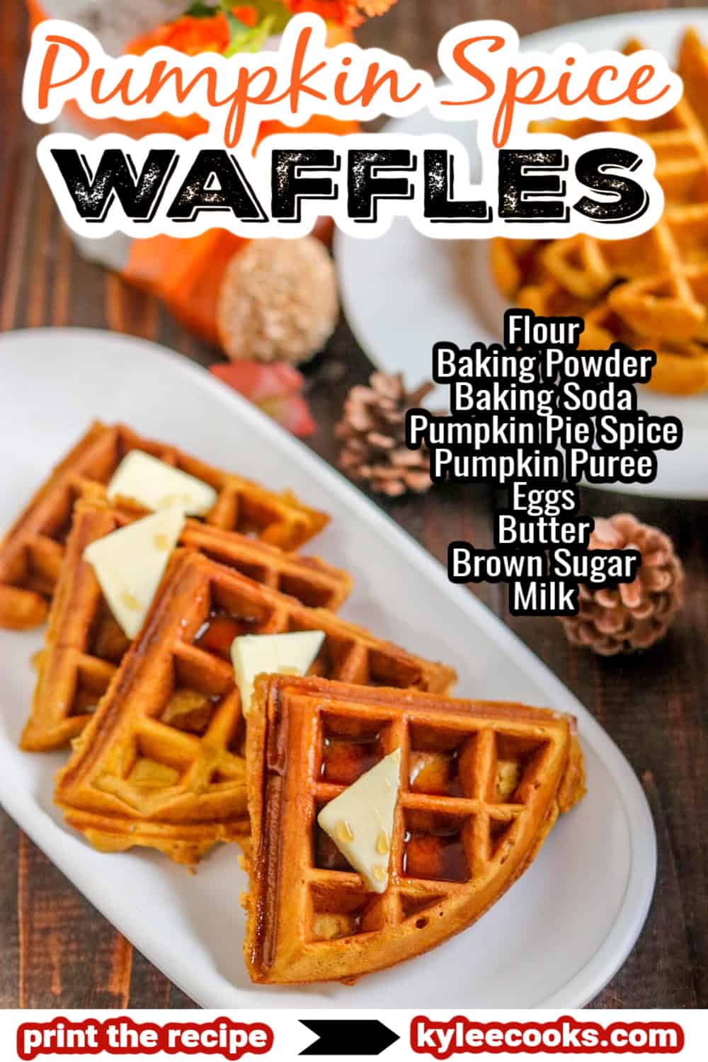 pumpkin waffles in quarters on a white platter with pinecones