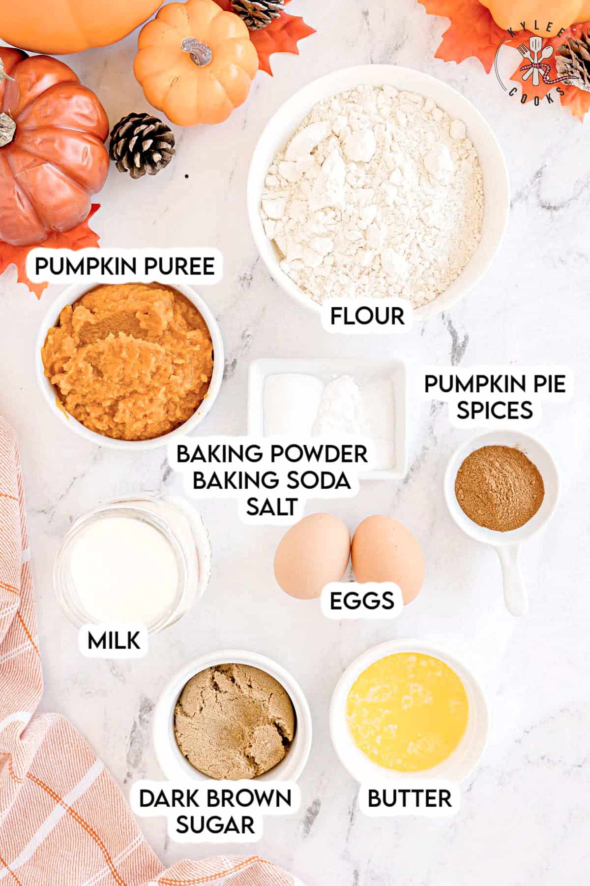 Ingredients for pumpkin waffles are arranged on a white surface, with each labeled - pumpkin puree, flour, baking powder, baking soda, salt, pumpkin pie spices, milk, eggs, dark brown sugar, and butter.