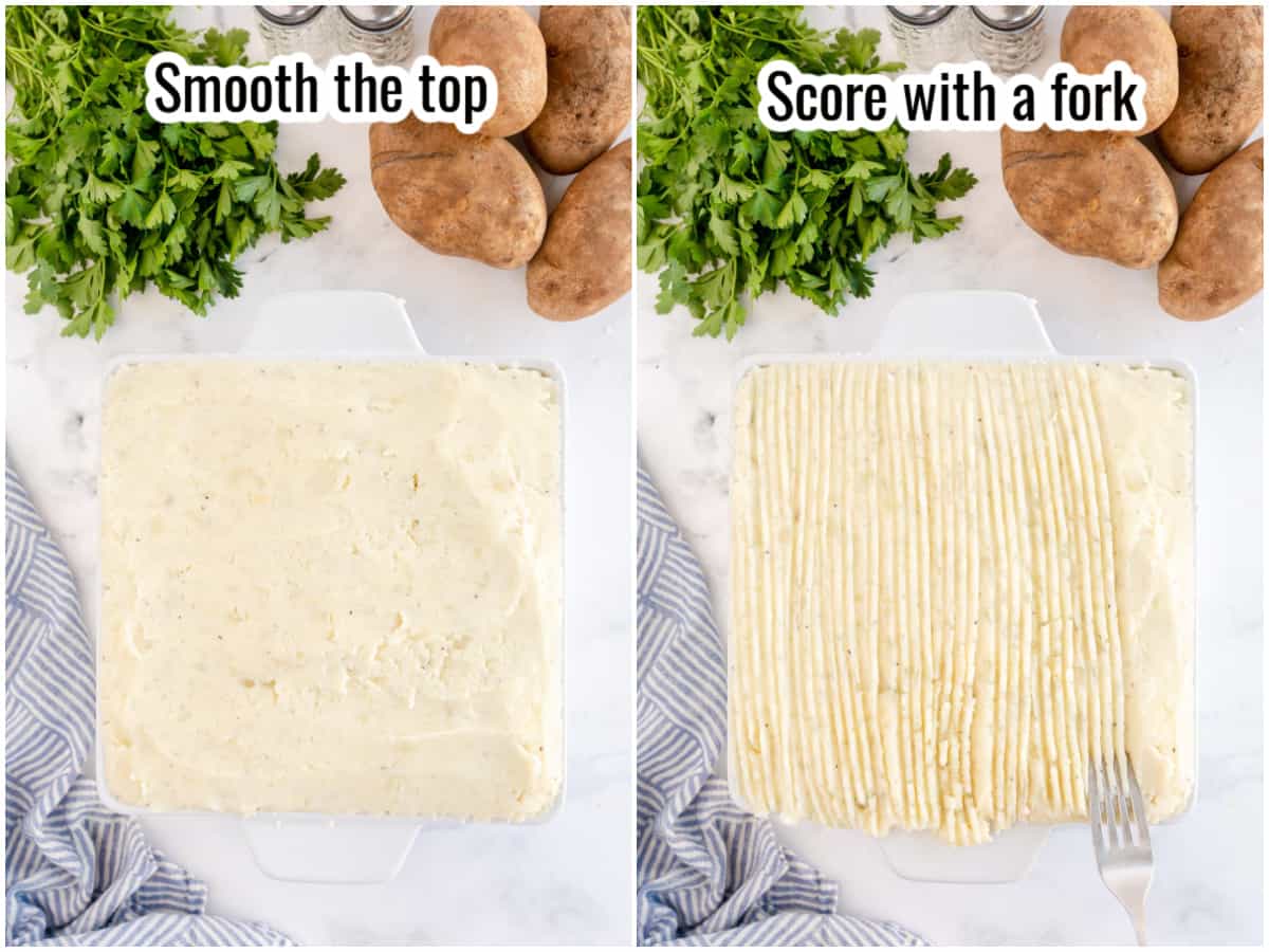 step by step photos showing how to score the top of a shepherd's pie